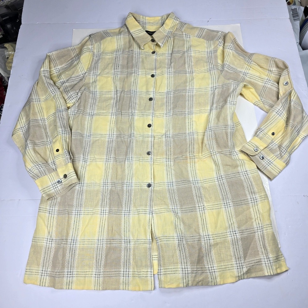 Valerie Stevens Linen Plaid Button Down Long Sleeve Shirt Womens Large